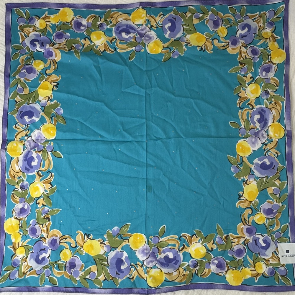 Givenchy Scarf Handkerchief Floral Border Cotton Blue Purple Gold Dot 19"